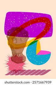 Risograph Head Statue with speech bubble with geometric shapes. Objects in trendy riso graph print texture style design with geometry elements.