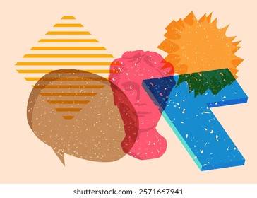 Risograph Head Statue with speech bubble with geometric shapes. Objects in trendy riso graph print texture style design with geometry elements.