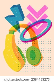 Risograph Headset with geometric shapes. Audio speaker, objects in trendy riso graph print texture style design with geometry elements.