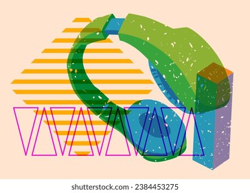 Risograph Headset with geometric shapes. Audio speaker, objects in trendy riso graph print texture style design with geometry elements.