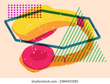 Risograph Headset with geometric shapes. Audio speaker, objects in trendy riso graph print texture style design with geometry elements.