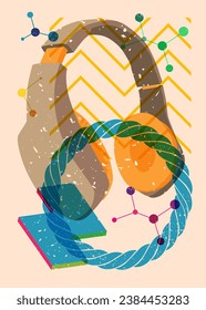 Risograph Headset with geometric shapes. Audio speaker, objects in trendy riso graph print texture style design with geometry elements.