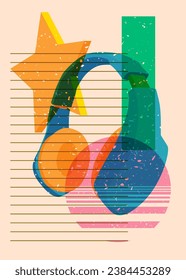 Risograph Headset with geometric shapes. Audio speaker, objects in trendy riso graph print texture style design with geometry elements.