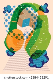Risograph Headset with geometric shapes. Audio speaker, objects in trendy riso graph print texture style design with geometry elements.
