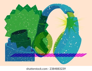Risograph Headset with speech bubble and geometric shapes. Audio speaker, objects in trendy riso graph print texture style design with geometry elements.