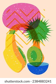 Risograph Headset with speech bubble and geometric shapes. Audio speaker, objects in trendy riso graph print texture style design with geometry elements.