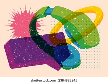 Risograph Headset with speech bubble and geometric shapes. Audio speaker, objects in trendy riso graph print texture style design with geometry elements.