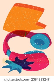 Risograph Headset with speech bubble and geometric shapes. Audio speaker, objects in trendy riso graph print texture style design with geometry elements.