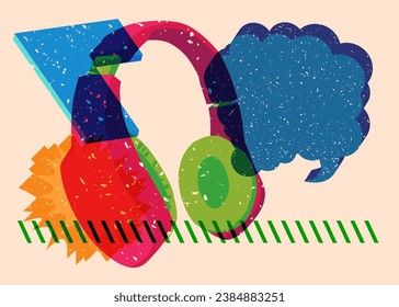Risograph Headset with speech bubble and geometric shapes. Audio speaker, objects in trendy riso graph print texture style design with geometry elements.