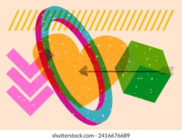 Risograph Heart and Arrow with geometric shapes. Love Symbol in trendy riso graph print texture style design with geometry elements.