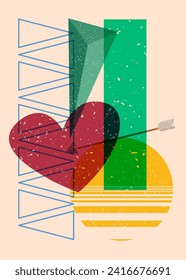 Risograph Heart and Arrow with geometric shapes. Love Symbol in trendy riso graph print texture style design with geometry elements.