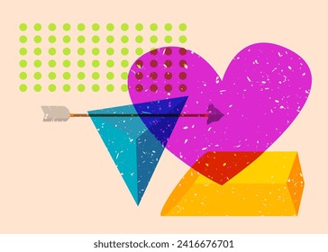 Risograph Heart and Arrow with geometric shapes. Love Symbol in trendy riso graph print texture style design with geometry elements.