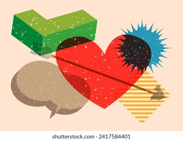 Risograph Heart and Arrow with speech bubble with geometric shapes. Objects in trendy riso graph print texture style design with geometry elements.