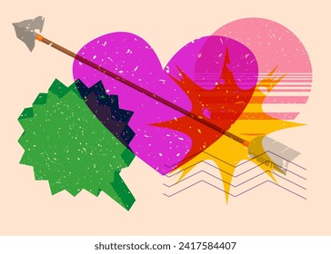 Risograph Heart and Arrow with speech bubble with geometric shapes. Objects in trendy riso graph print texture style design with geometry elements.