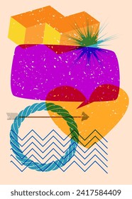 Risograph Heart and Arrow with speech bubble with geometric shapes. Objects in trendy riso graph print texture style design with geometry elements.