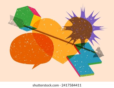 Risograph Heart and Arrow with speech bubble with geometric shapes. Objects in trendy riso graph print texture style design with geometry elements.