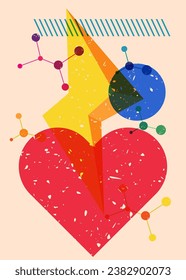 Risograph heart with geometric shapes. Objects in trendy riso graph print texture style design with geometry elements.