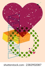 Risograph heart with geometric shapes. Objects in trendy riso graph print texture style design with geometry elements.