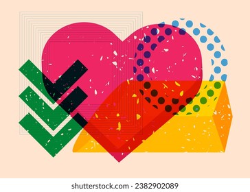 Risograph heart with geometric shapes. Objects in trendy riso graph print texture style design with geometry elements.