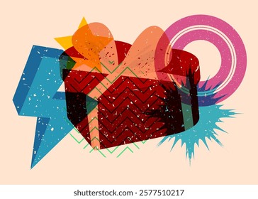 Risograph Heart shaped gift box with geometric shapes. Objects in trendy riso graph print texture style design with geometry elements.