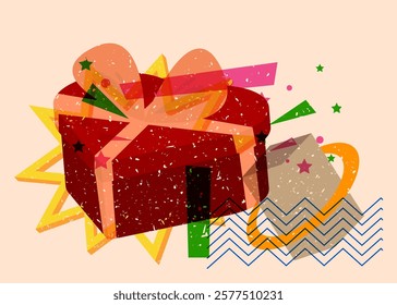 Risograph Heart shaped gift box with geometric shapes. Objects in trendy riso graph print texture style design with geometry elements.