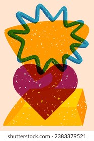 Risograph heart with speech bubble and geometric shapes. Objects in trendy riso graph print texture style design with geometry elements.
