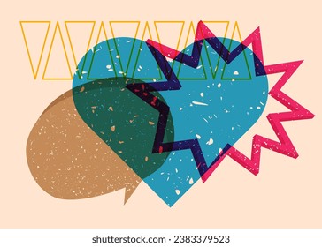 Risograph Herz mit Sprachblase und geometrischen Formen. Objekte in trendigem Riso Graphen Print Textur Stil Design mit Geometrie Elemente.