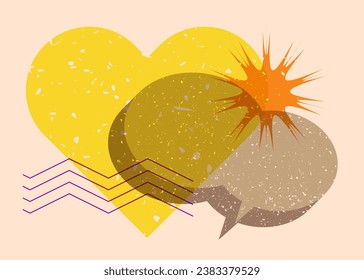 Risograph heart with speech bubble and geometric shapes. Objects in trendy riso graph print texture style design with geometry elements.