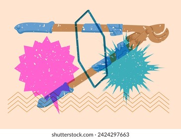 Risograph Heavy Duty Large Cable Cutter, old cutter for wire or steel bars with speech bubble and with geometric shapes. Objects in trendy riso graph print texture style design with geometry elements.