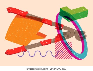 Risograph Heavy Duty Large Cable Cutter, old cutter for wire or steel bars with speech bubble and with geometric shapes. Objects in trendy riso graph print texture style design with geometry elements.