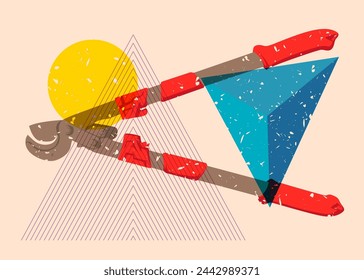 Risograph Heavy Duty Large Cable Cutter, old cutter for wire or steel bars with geometric shapes. Objects in trendy riso graph print texture.