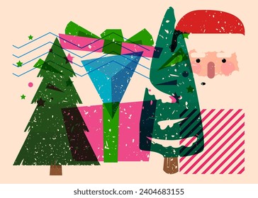Risograph holiday, Christmas with geometric shapes. Pine Tree, Gift Box, Santa Claus Head with objects in trendy riso graph print texture style design with geometry elements.