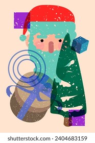 Risograph holiday, Christmas with geometric shapes. Pine Tree, Gift Box, Santa Claus Head with objects in trendy riso graph print texture style design with geometry elements.