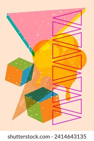 Risograph Ice Cream with geometric shapes. Objects in trendy riso graph print texture style design with geometry elements.