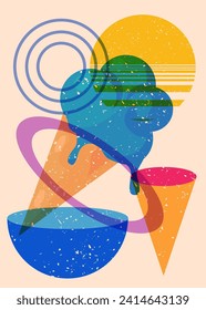 Risograph Ice Cream with geometric shapes. Objects in trendy riso graph print texture style design with geometry elements.