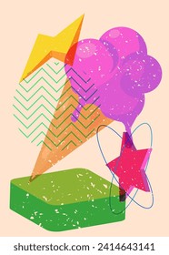 Risograph Ice Cream with geometric shapes. Objects in trendy riso graph print texture style design with geometry elements.