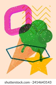Risograph Ice Cream with geometric shapes. Objects in trendy riso graph print texture style design with geometry elements.