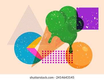 Risograph Ice Cream with geometric shapes. Objects in trendy riso graph print texture style design with geometry elements.