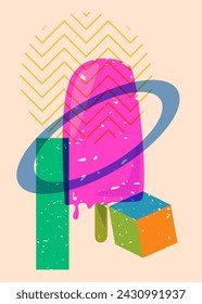 Risograph Ice Cream with geometric shapes. Objects in trendy riso graph print texture style design with geometry elements.