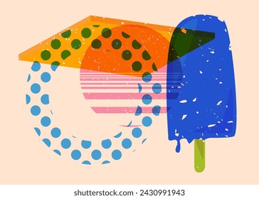 Risograph Ice Cream with geometric shapes. Objects in trendy riso graph print texture style design with geometry elements.