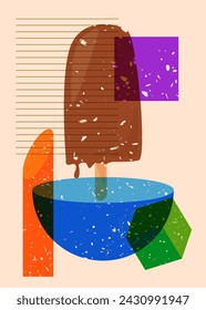 Risograph Ice Cream with geometric shapes. Objects in trendy riso graph print texture style design with geometry elements.