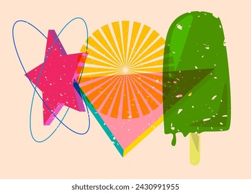 Risograph Ice Cream with geometric shapes. Objects in trendy riso graph print texture style design with geometry elements.