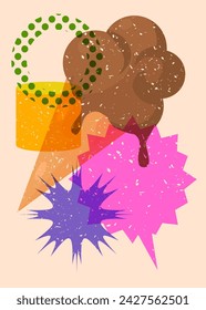 Risograph Ice Cream with speech bubble with geometric shapes. Objects in trendy riso graph print texture style design with geometry elements.