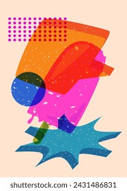 Risograph Ice Cream with speech bubble with geometric shapes. Objects in trendy riso graph print texture style design with geometry elements.

