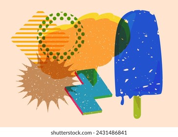 Risograph Ice Cream with speech bubble with geometric shapes. Objects in trendy riso graph print texture style design with geometry elements.
