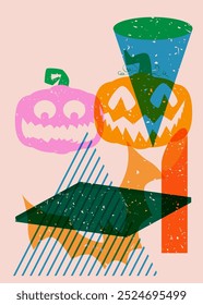 Risograph Jack O' Lantern and bat with geometric shapes. Halloween objects in trendy riso graph print texture style design with geometry elements.