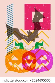 Risograph Jack O' Lantern and bat with geometric shapes. Halloween objects in trendy riso graph print texture style design with geometry elements.