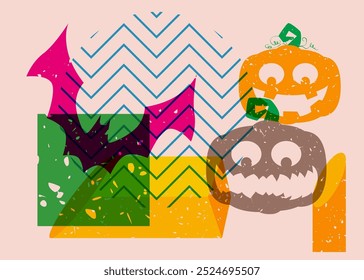 Risograph Jack O' Lantern and bat with geometric shapes. Halloween objects in trendy riso graph print texture style design with geometry elements.