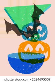 Risograph Jack O' Lantern and bat with geometric shapes. Halloween objects in trendy riso graph print texture style design with geometry elements.