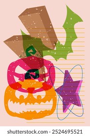 Risograph Jack O' Lantern and bat with geometric shapes. Halloween objects in trendy riso graph print texture style design with geometry elements.